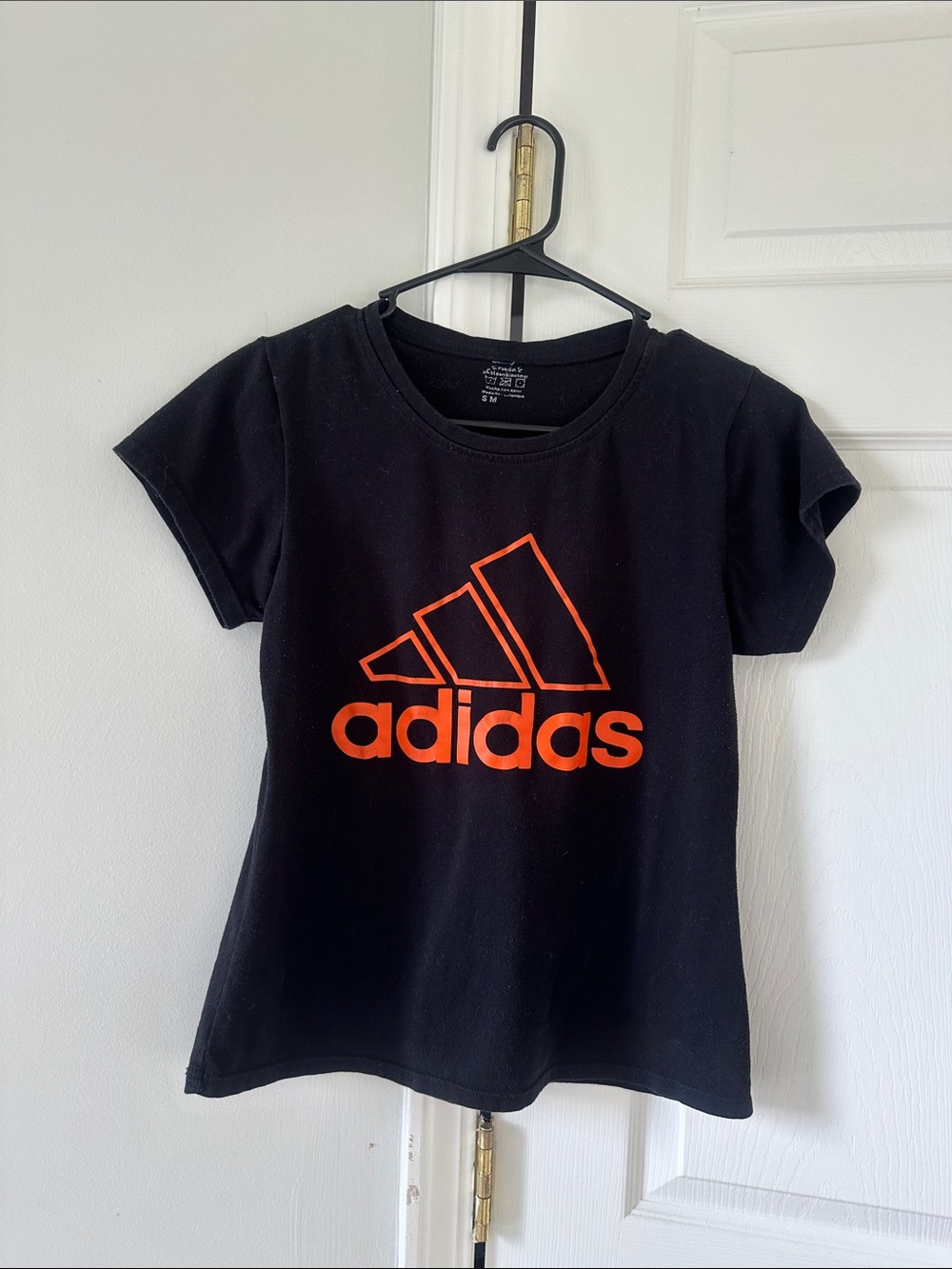 adidas Black T-Shirt with Bright Orange Logo - women